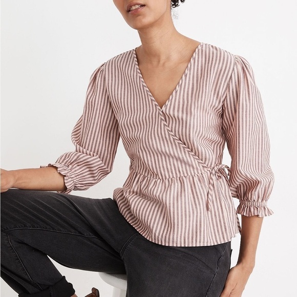 Madewell Puff-Sleeve Peplum Wrap Top in Stripe size xsmall with modesty snap - Picture 1 of 11